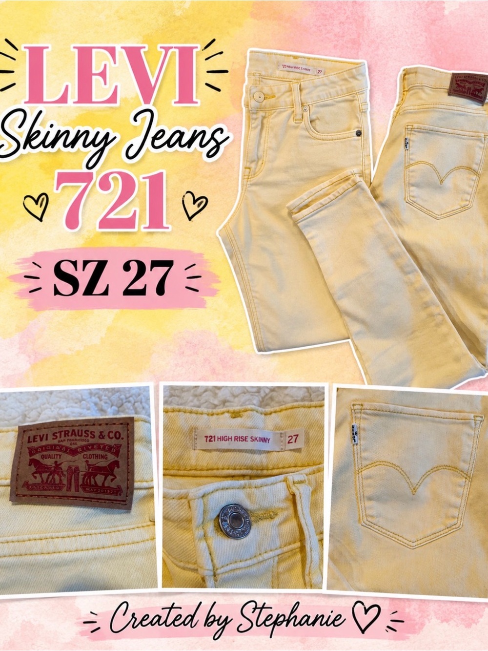 Levi's 721 High Rise Skinny Jeans - Pale Yellow Sz 27